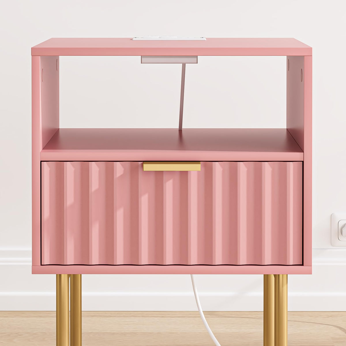 Pink Fluted Nightstand with Charging Station D308351
