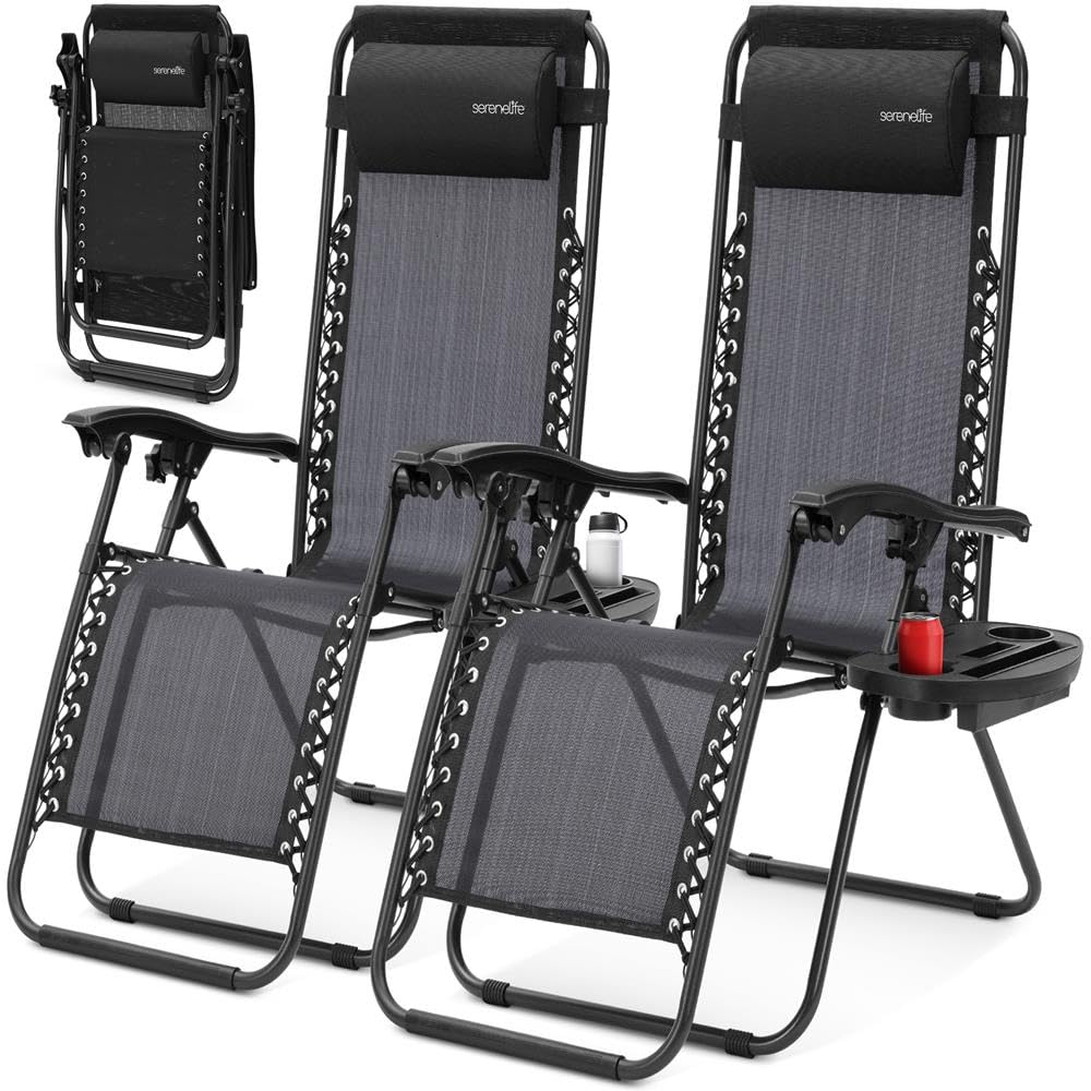 2 Pack Black Zero Gravity Lounge Chairs with Side Table B306