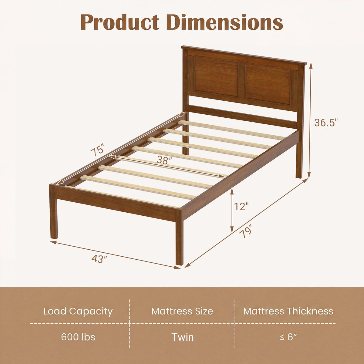 Twin Size Wooden Platform Bed with Headboard U45189