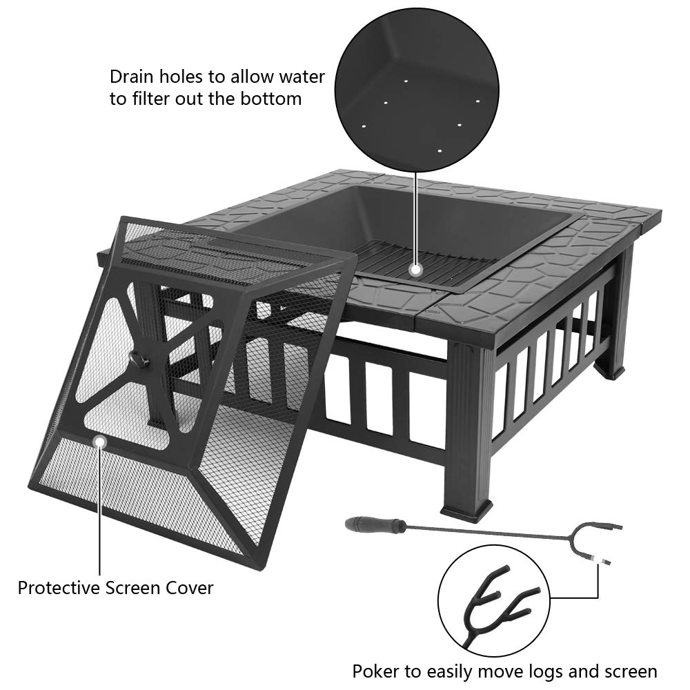 Portable Iron Wood Burning Fire Pit with Mesh Screen Lid T6491