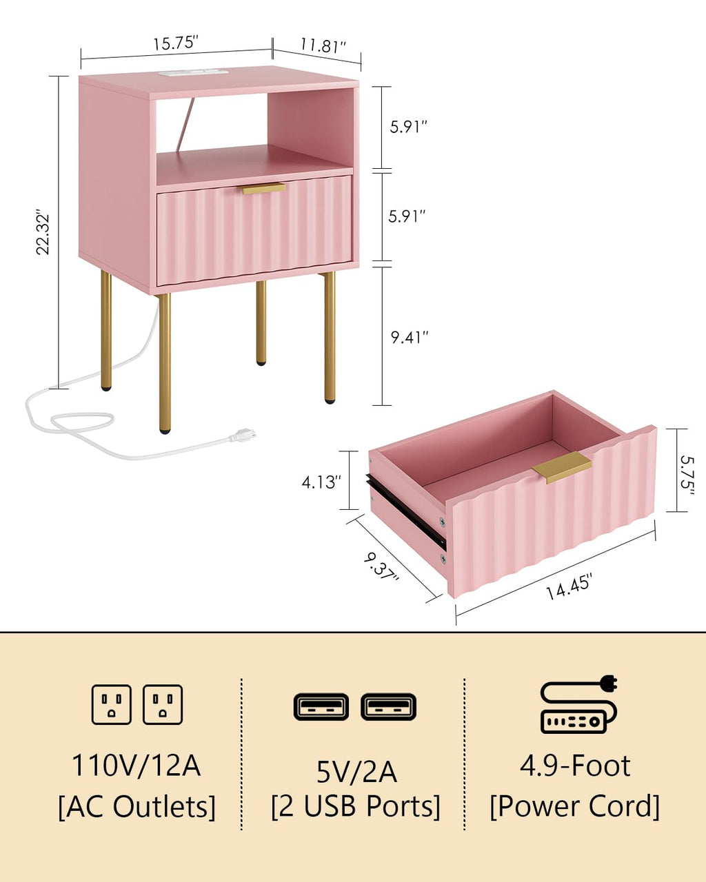 Pink Fluted Nightstand with Charging Station D308351