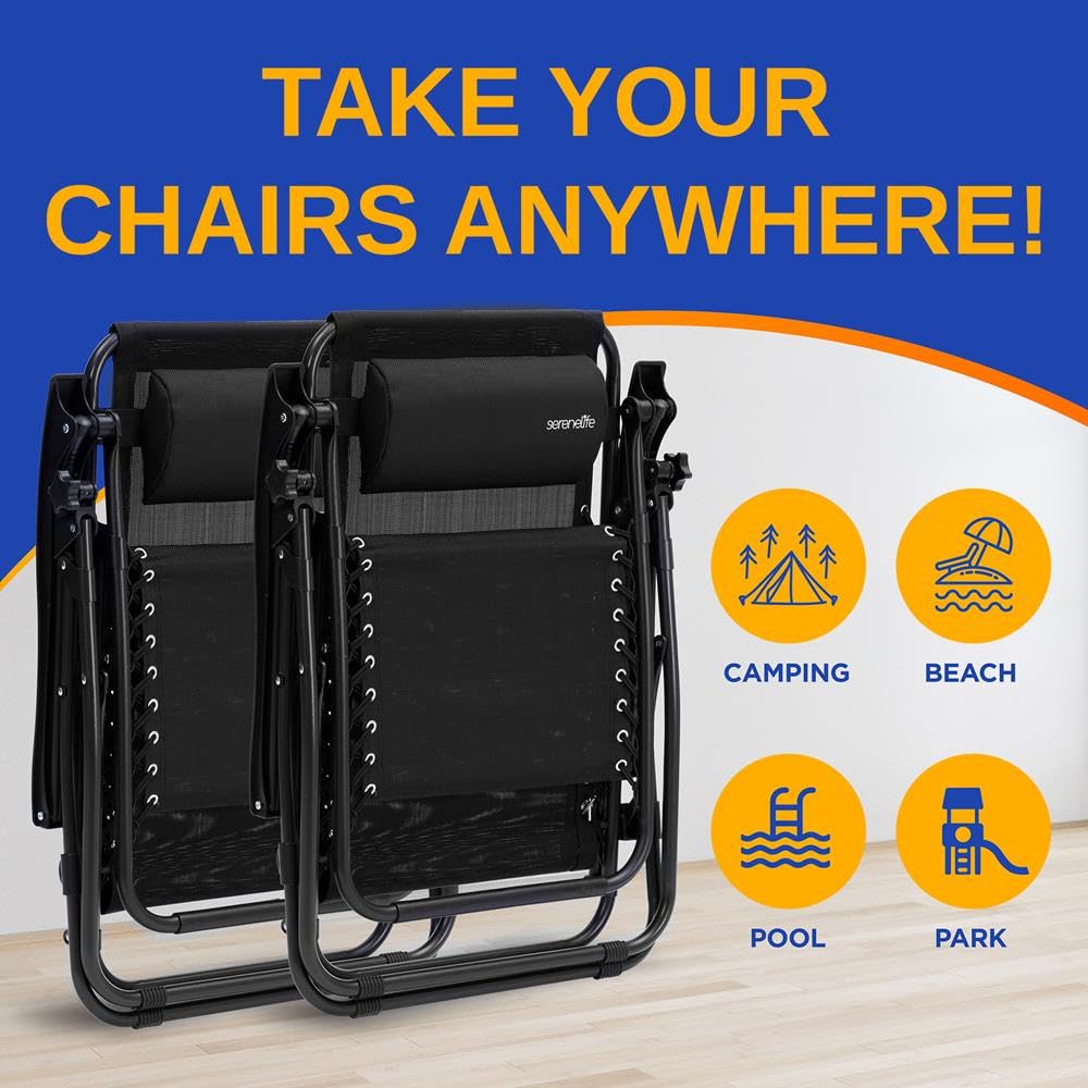 2 Pack Black Zero Gravity Lounge Chairs with Side Table B306