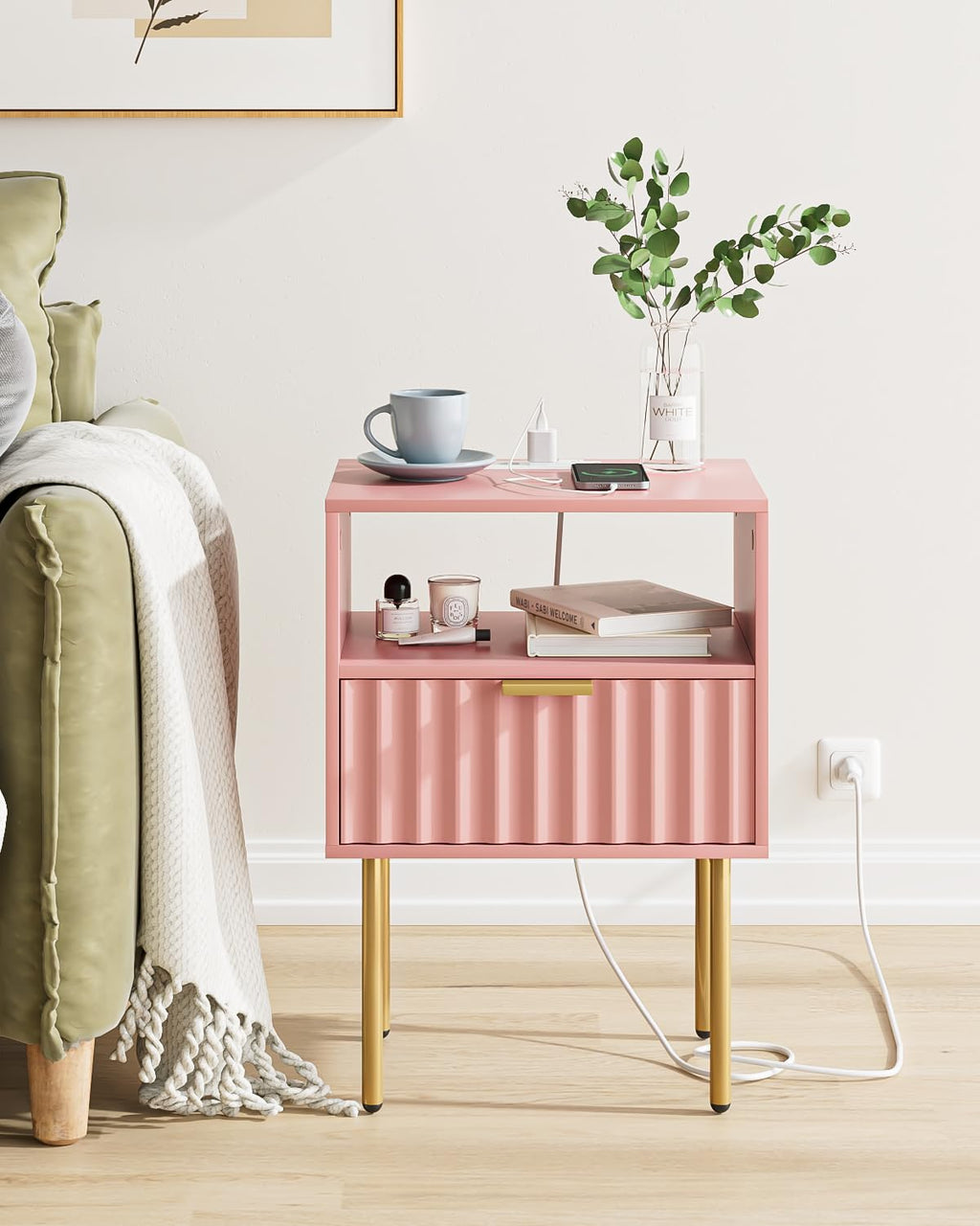 Pink Fluted Nightstand with Charging Station D308351