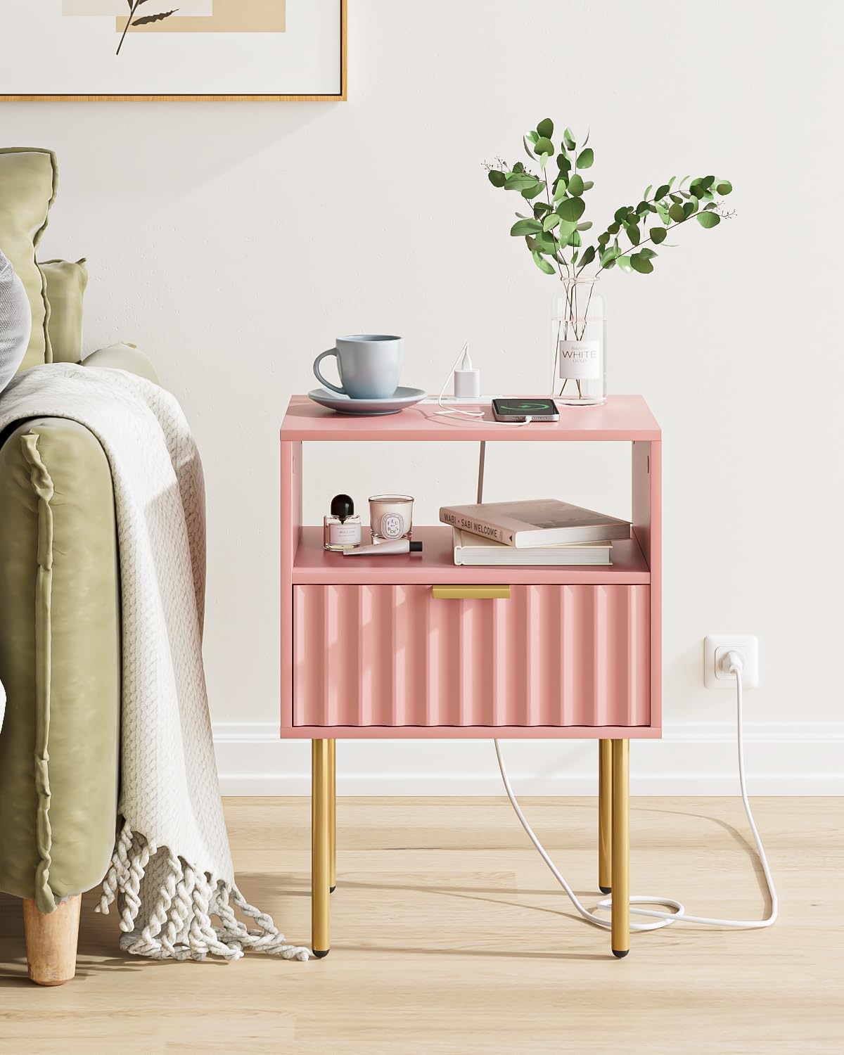 Pink Fluted Nightstand with Charging Station D308351