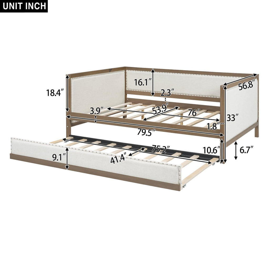 Full Size Upholstered Daybed with Trundle Linen Fabric O419