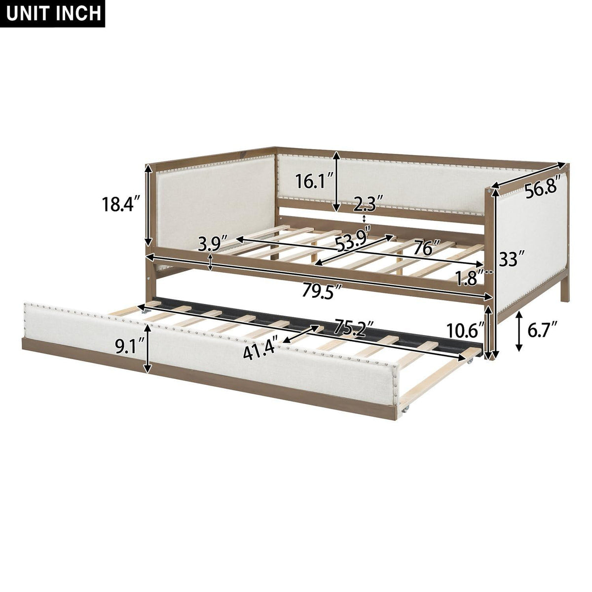 Full Size Upholstered Daybed with Trundle Linen Fabric O419