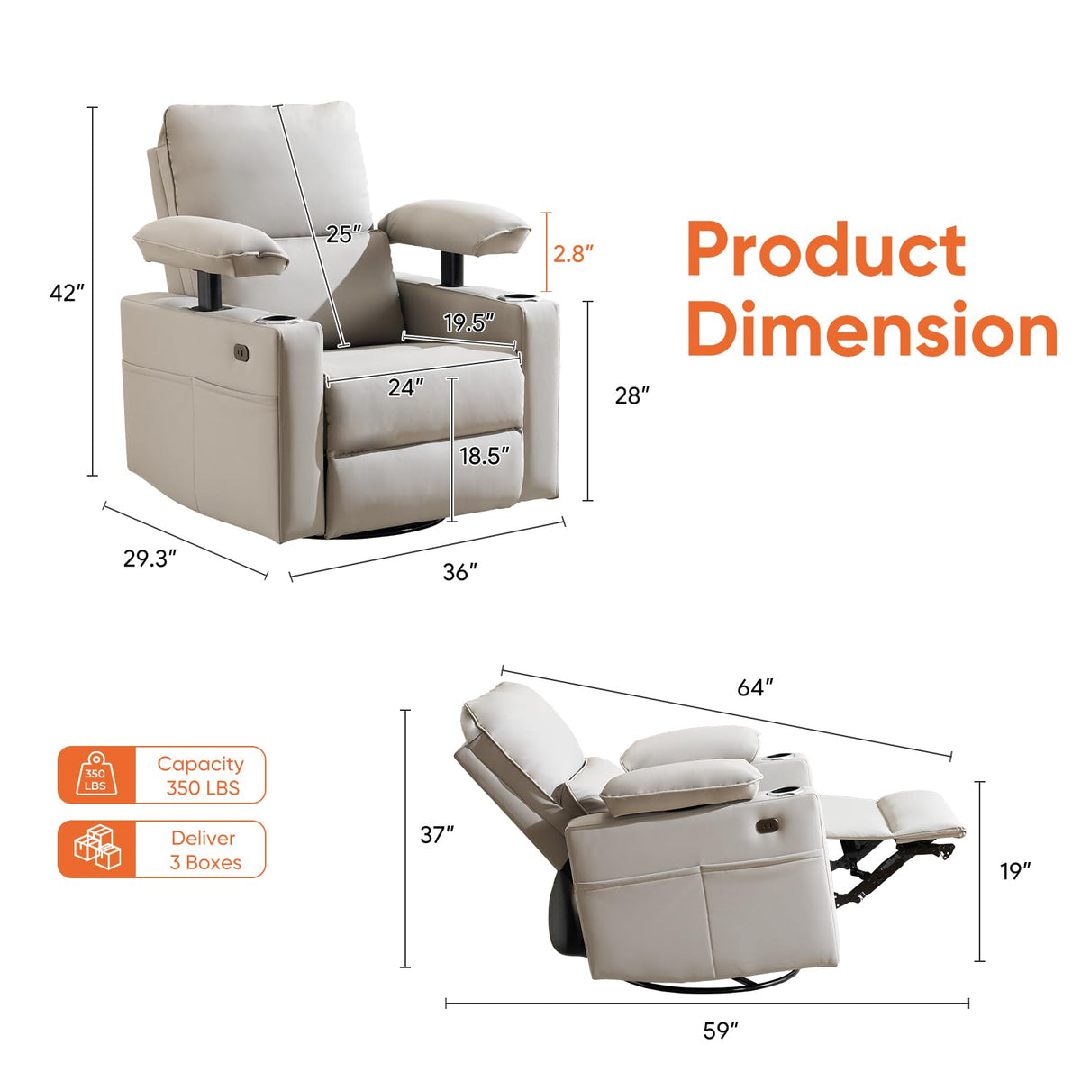 Oversized Power Swivel Rocker Recliner with Heating and Massage, Faux Leather, Grey Z315