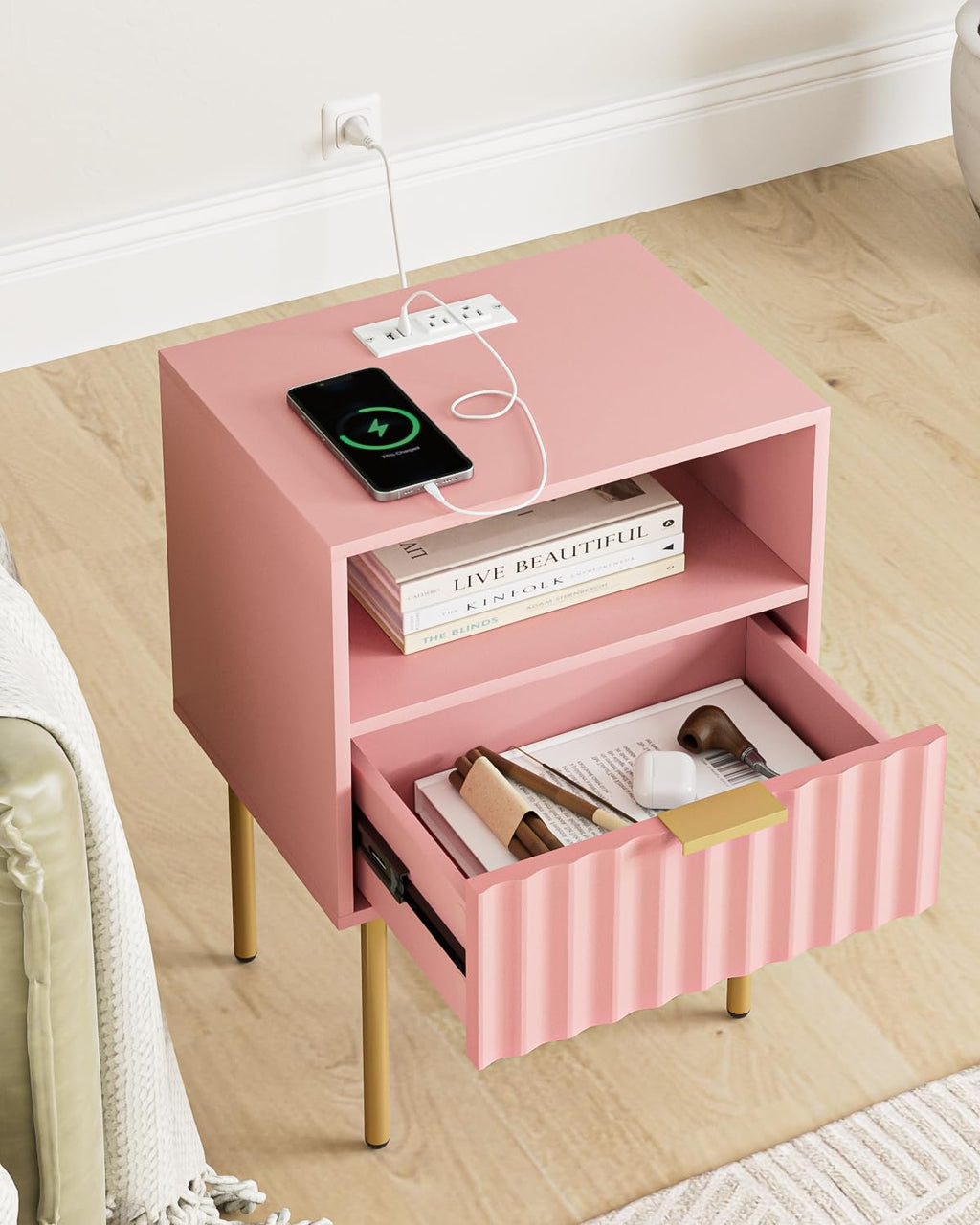 Pink Fluted Nightstand with Charging Station D308351