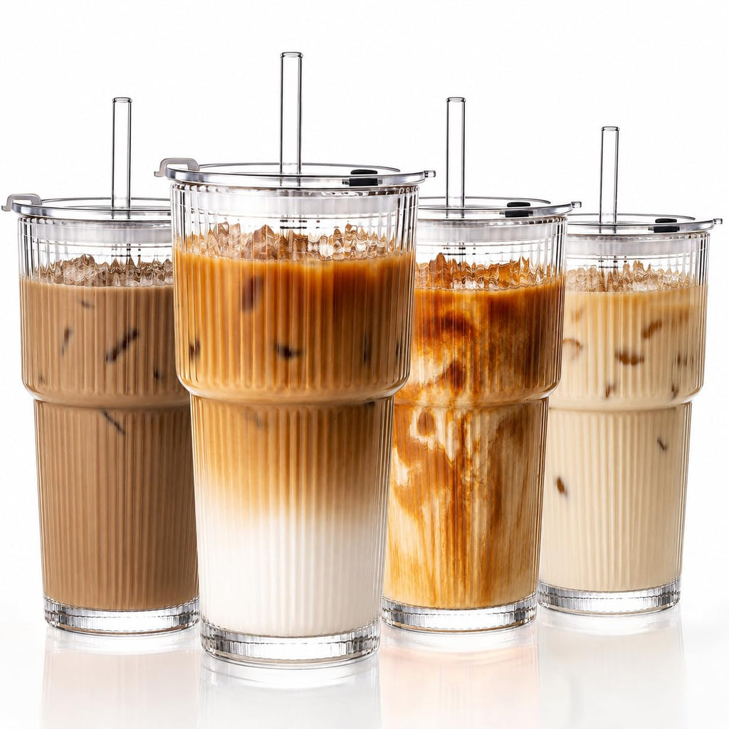 20oz Ribbed Glass Cups with Lids and Straws S340