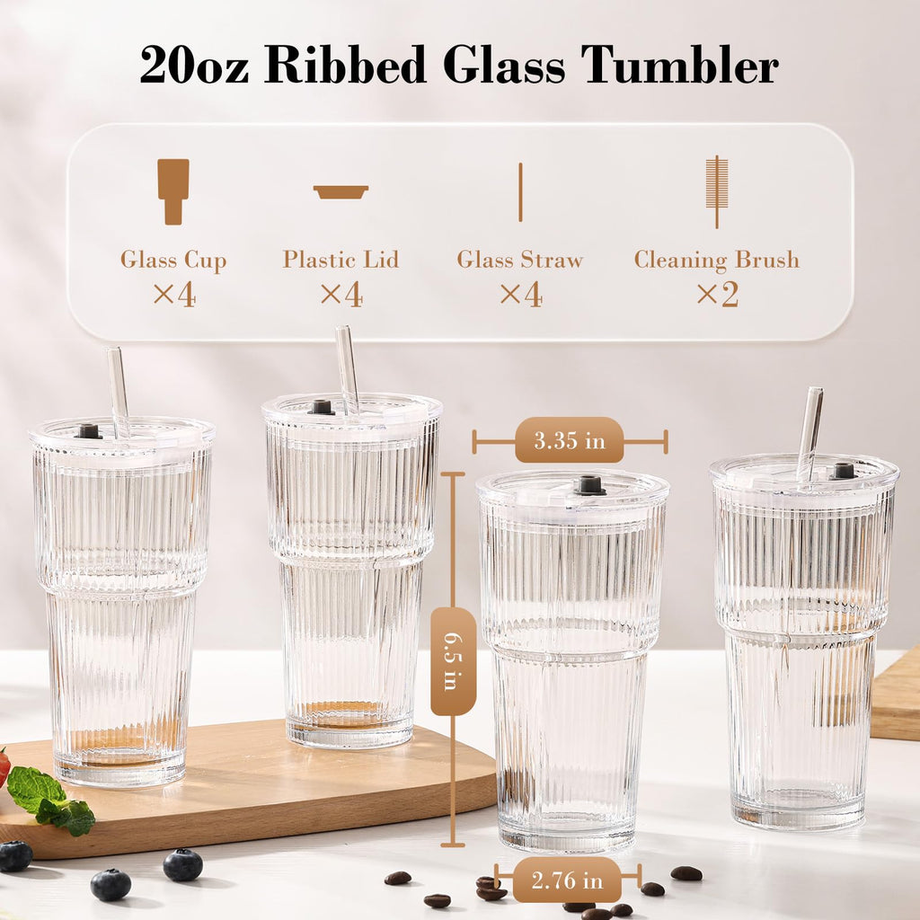 20oz Ribbed Glass Cups with Lids and Straws S340
