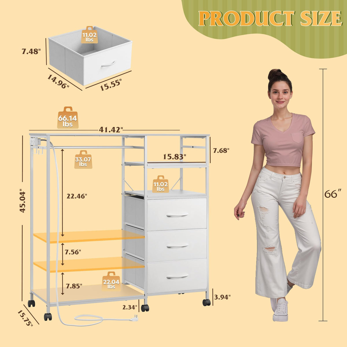 White 3 Drawer Dresser with Hanging Rack J944