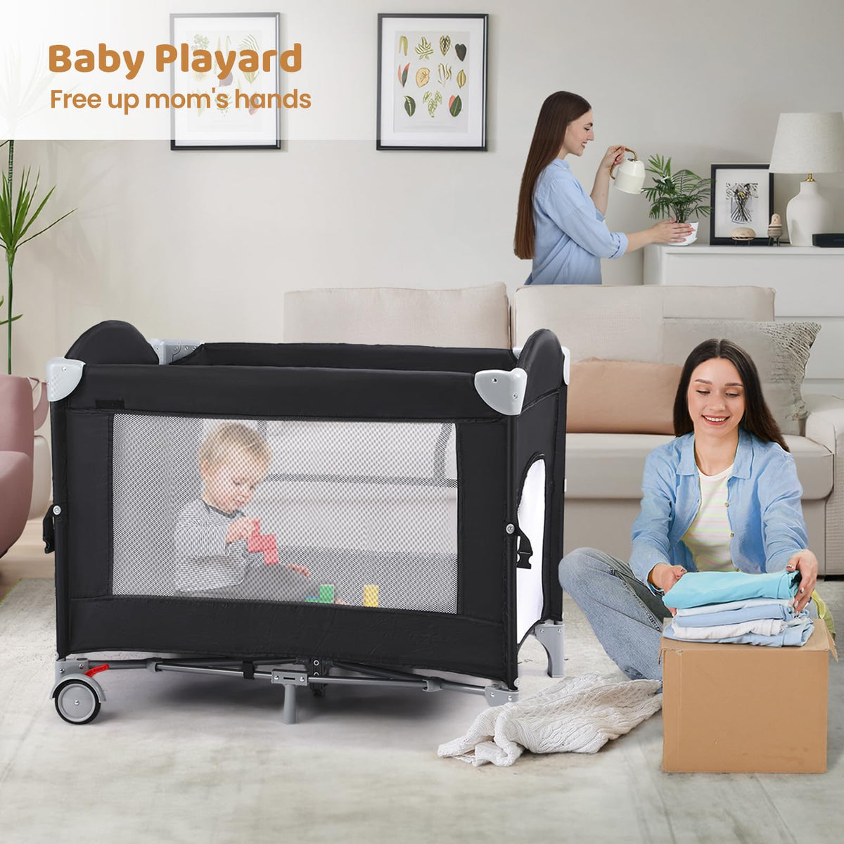 5-in-1 Pack and Play with Bassinet, Changing Table and Portable Crib F75636