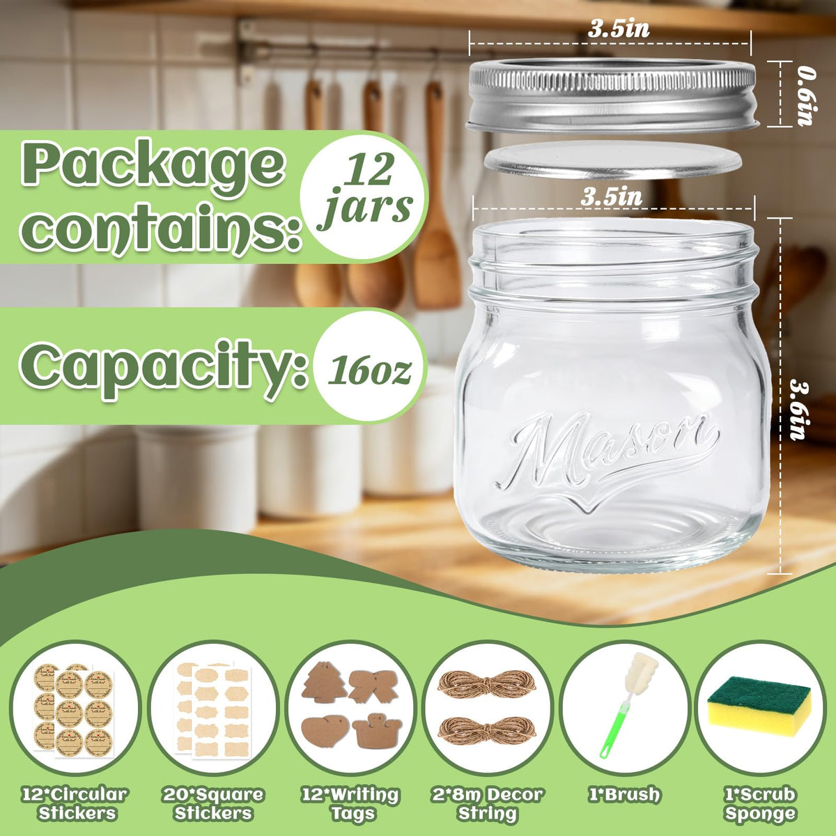 16 oz 12 Pack Wide Mouth Mason Jars with Lids N75151