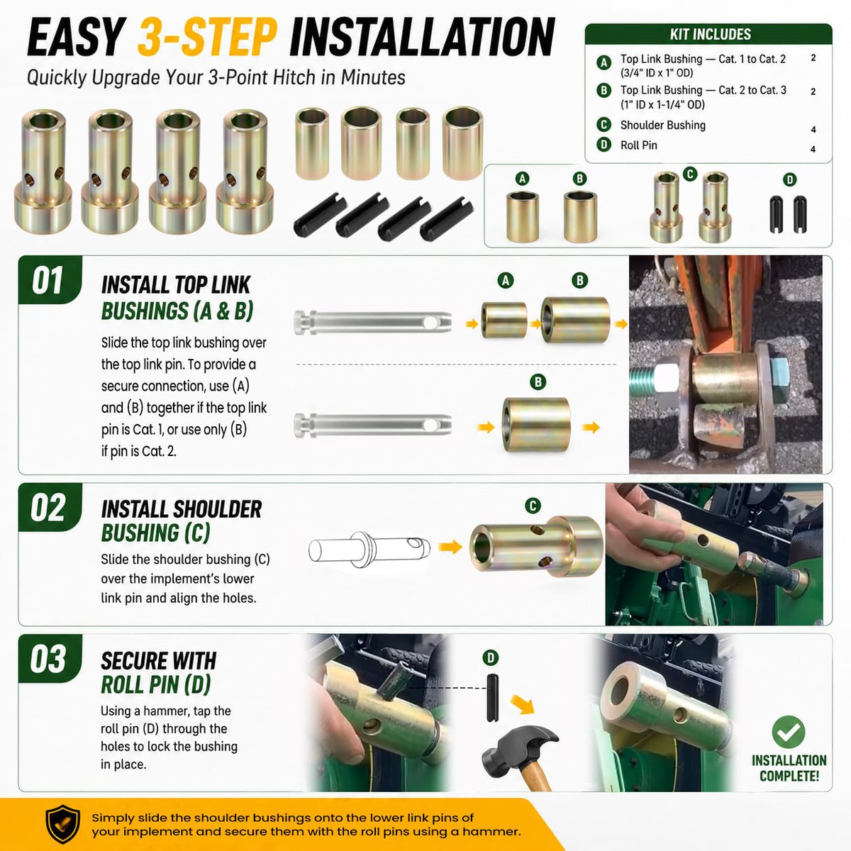 Quick Hitch Bushing Kit for Category 1 3-Point Hitch Tractors F397652