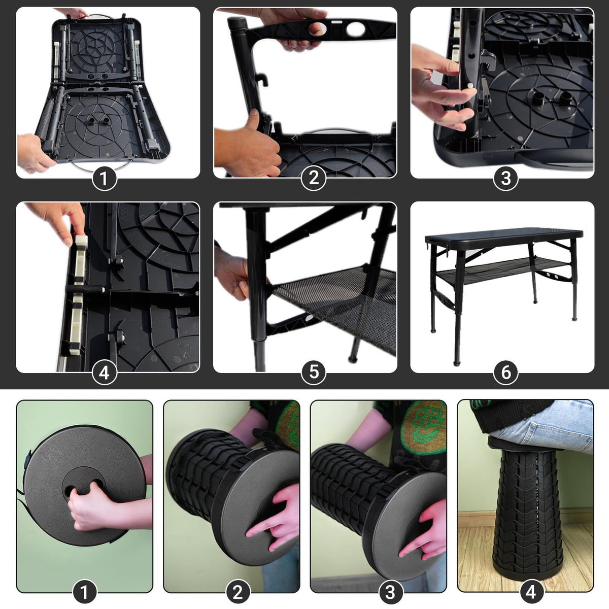 Black 4 Foot Folding Table and Stool V4269