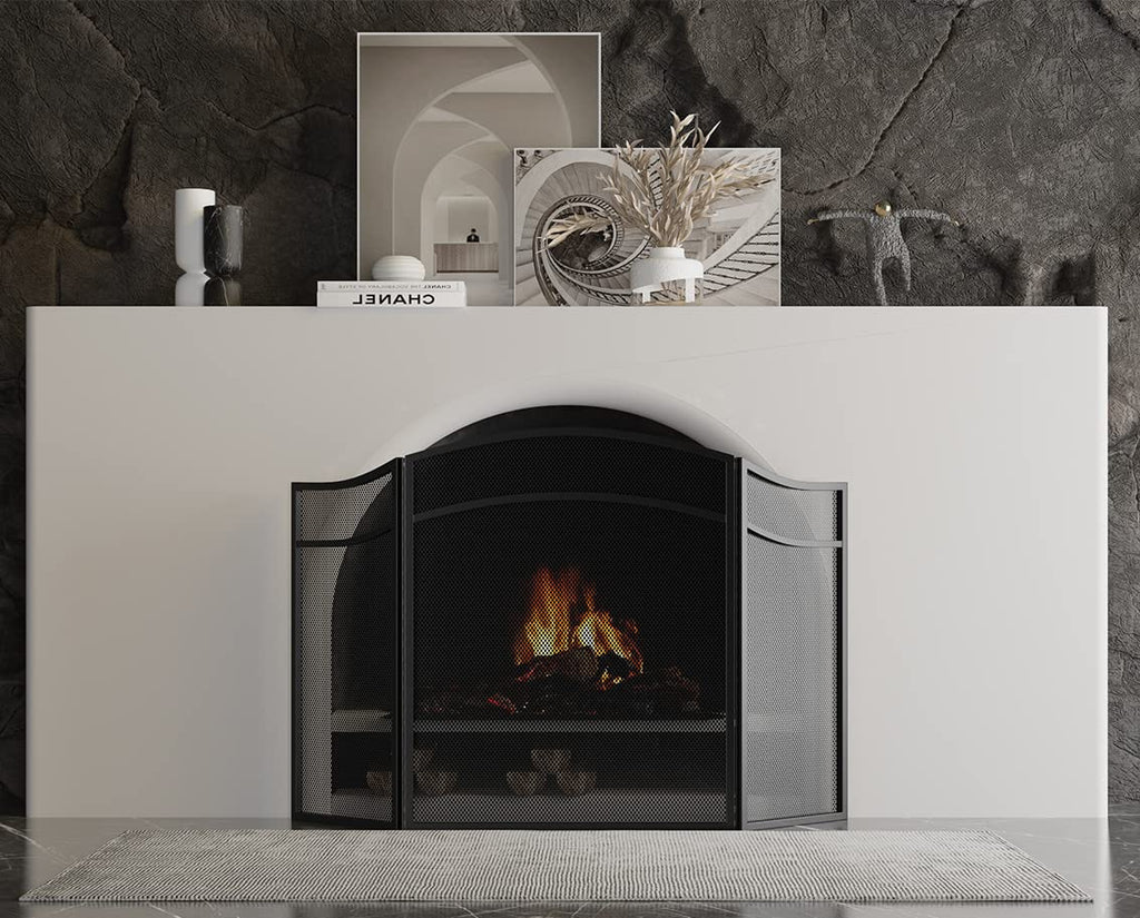 3 Panels Fireplace Screen with Arch Frame Black G95618
