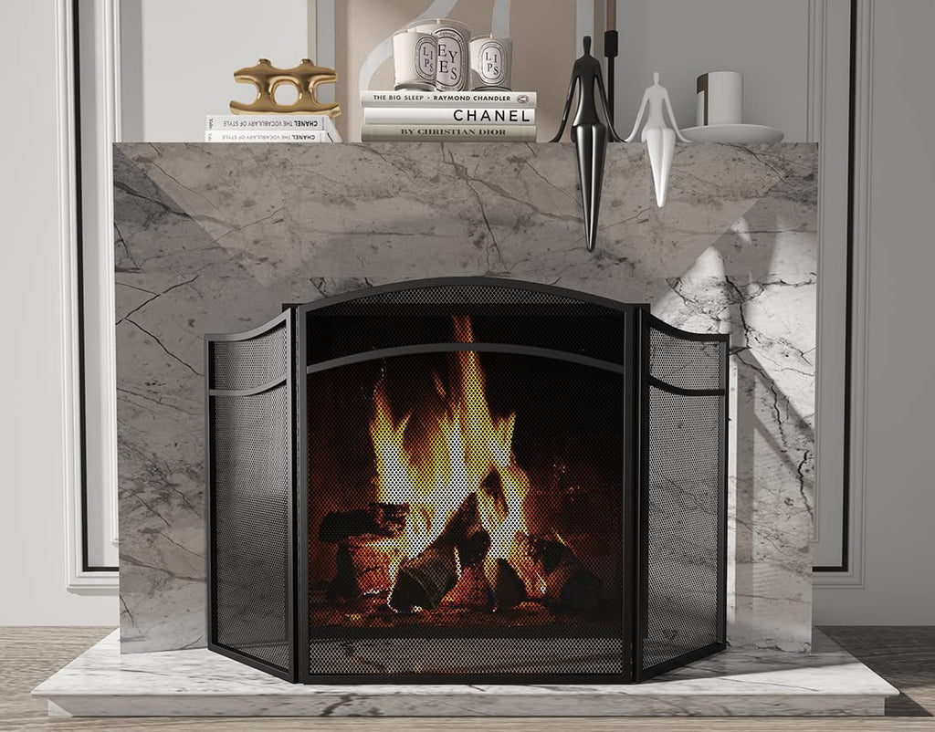 3 Panels Fireplace Screen with Arch Frame Black G95618