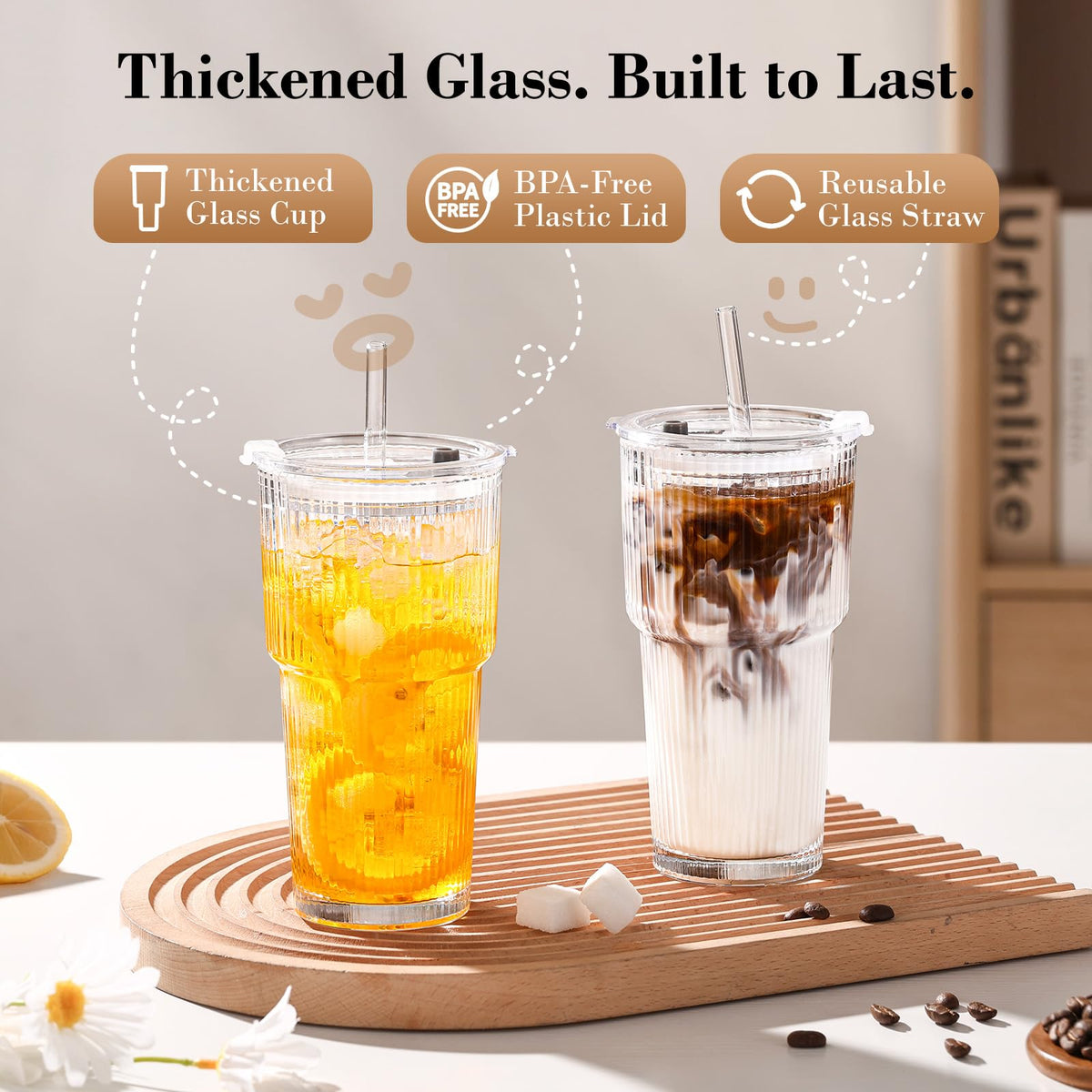 20oz Ribbed Glass Cups with Lids and Straws S340