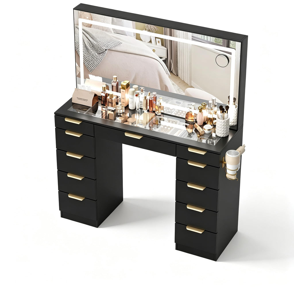 Glass Top Vanity Desk with Mirror and Lights, 11 Drawers Makeup Vanity with Stool V1767