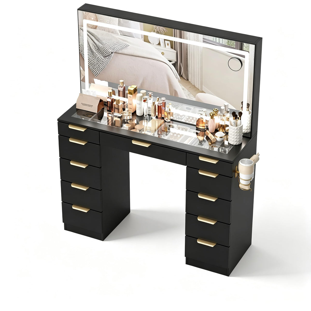 Glass Top Vanity Desk with Mirror and Lights, 11 Drawers Makeup Vanity with Stool V1767