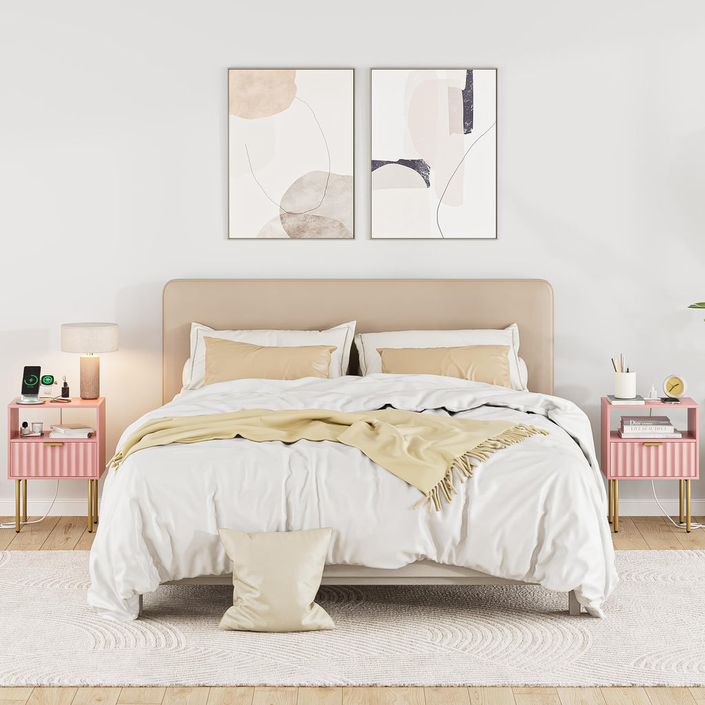 Pink Fluted Nightstand with Charging Station D308351