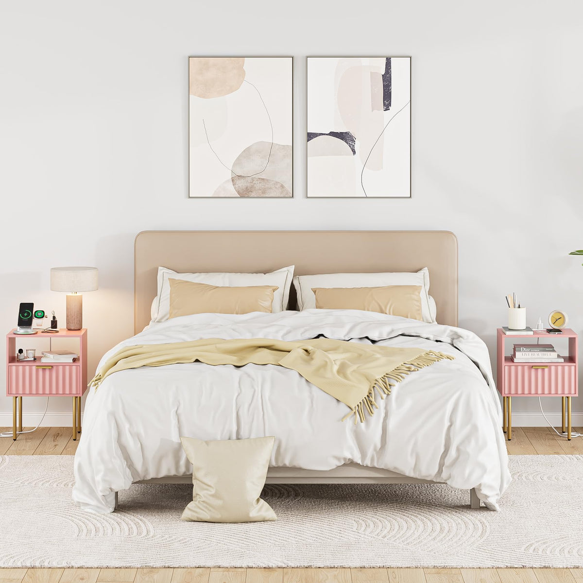 Pink Fluted Nightstand with Charging Station D308351
