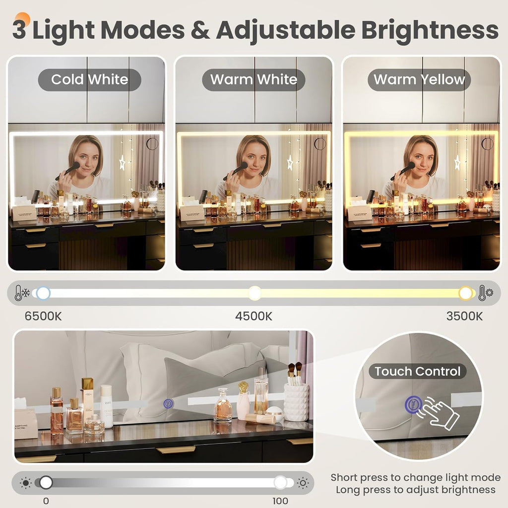 Glass Top Vanity Desk with Mirror and Lights, 11 Drawers Makeup Vanity with Stool V1767