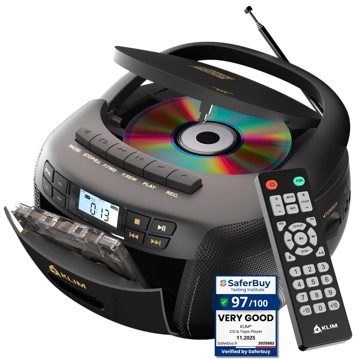Black CD Cassette Player Boombox with Bluetooth and AM FM Radio I951556