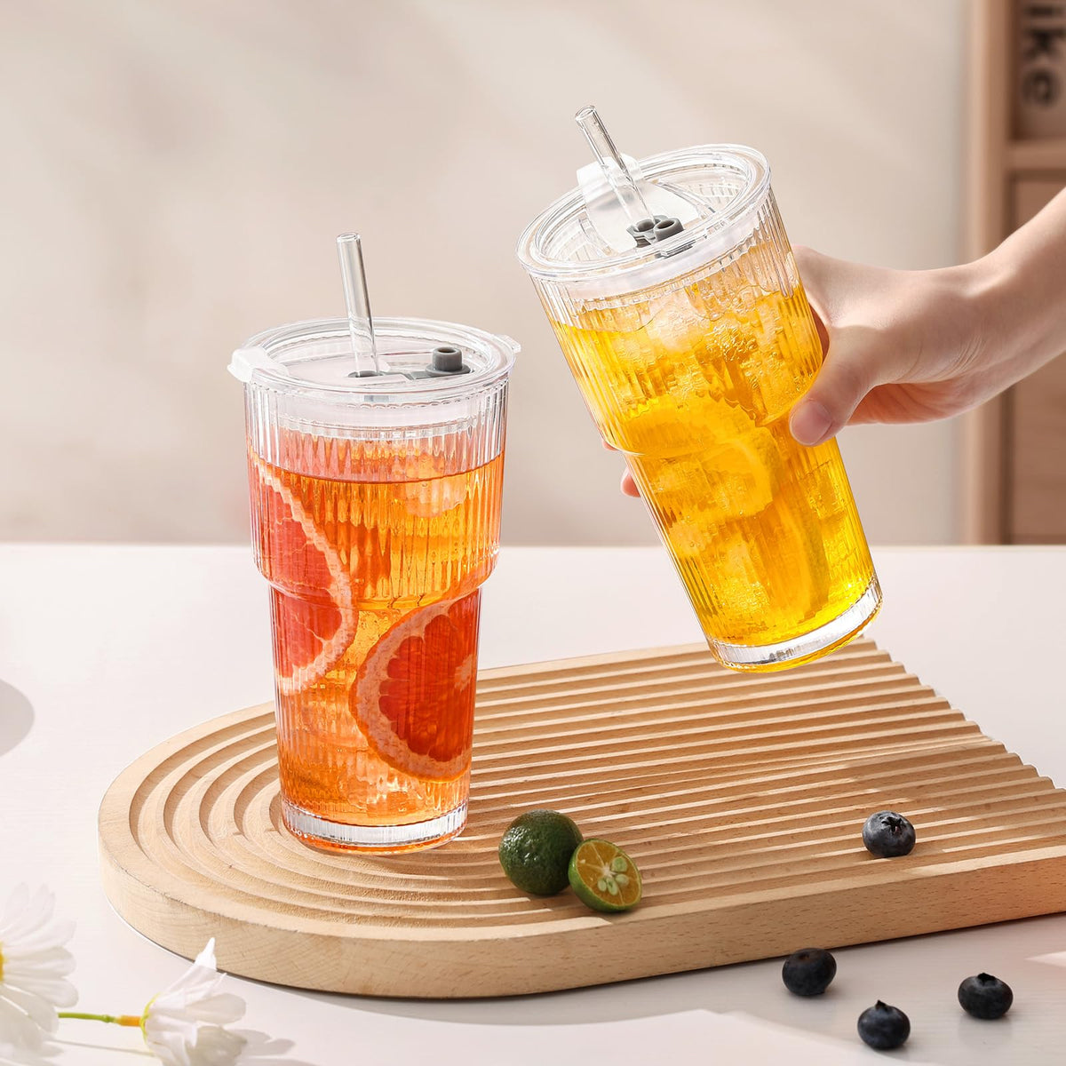 20oz Ribbed Glass Cups with Lids and Straws S340