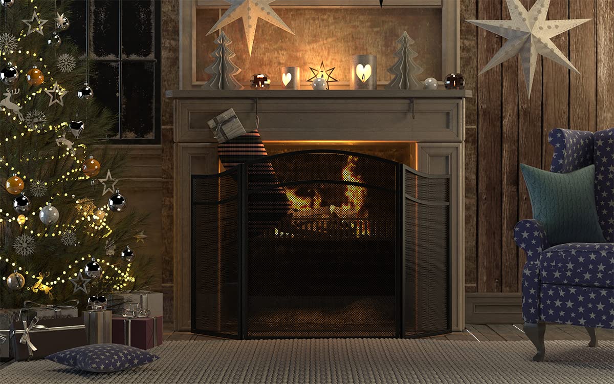 3 Panels Fireplace Screen with Arch Frame Black G95618