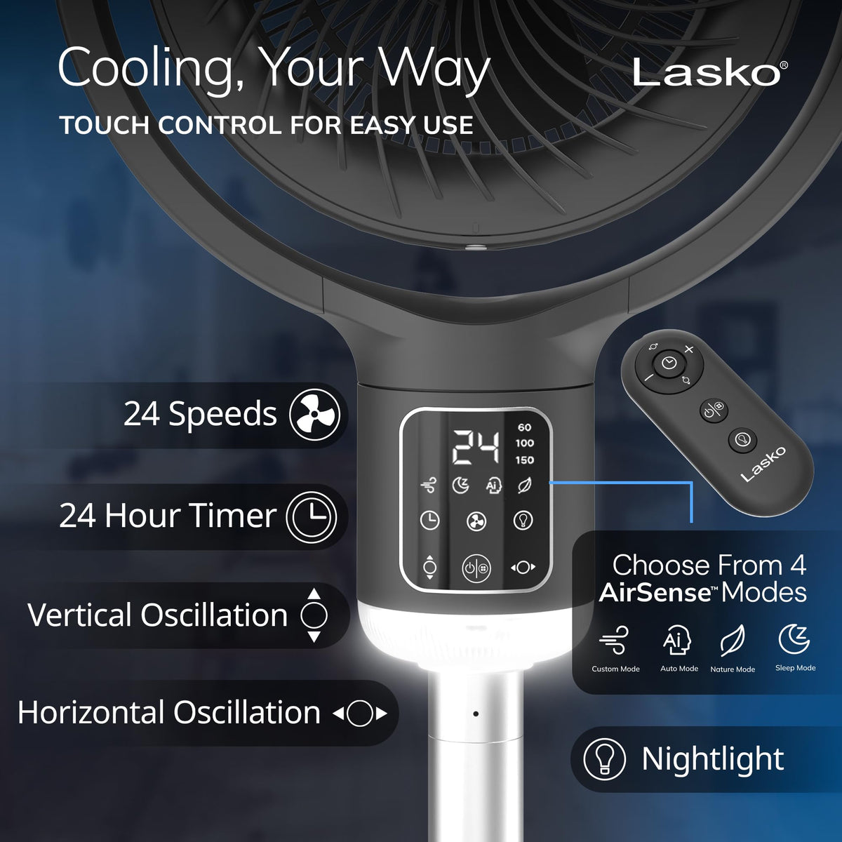 Pedestal Fan with Remote Control, Adjustable Height, Night Light, Gray C167