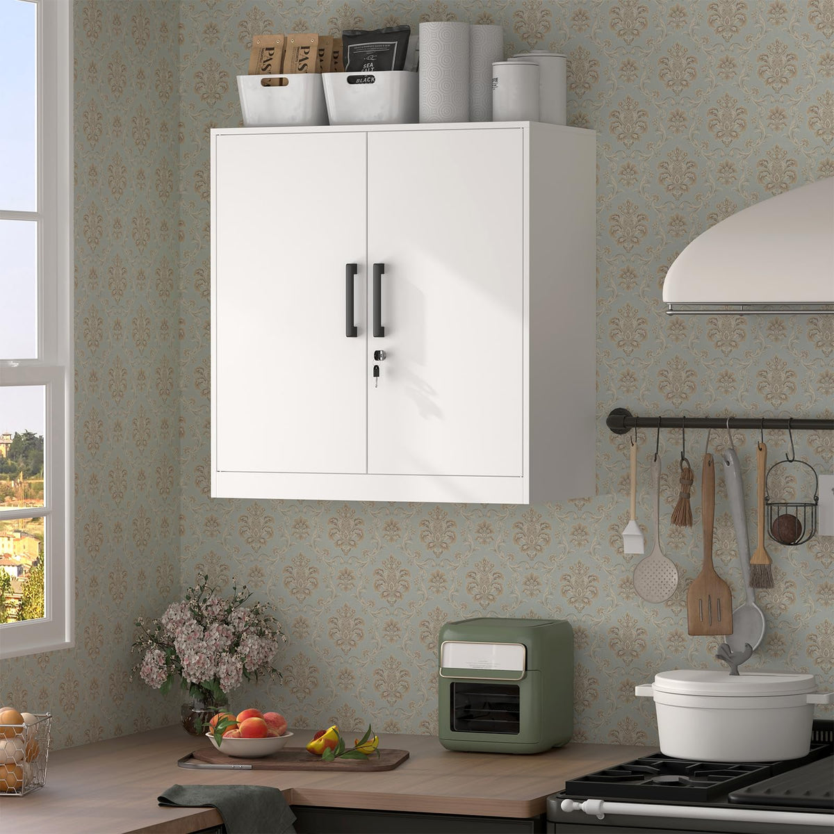 Lockable White Wall Cabinet with Adjustable Shelf O881072