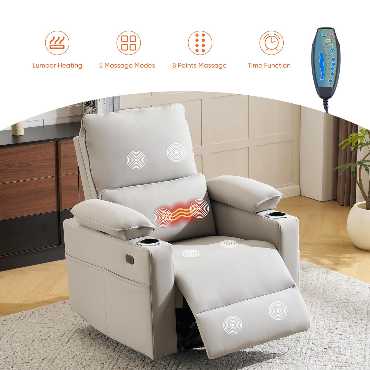 Oversized Power Swivel Rocker Recliner with Heating and Massage, Faux Leather, Grey Z315