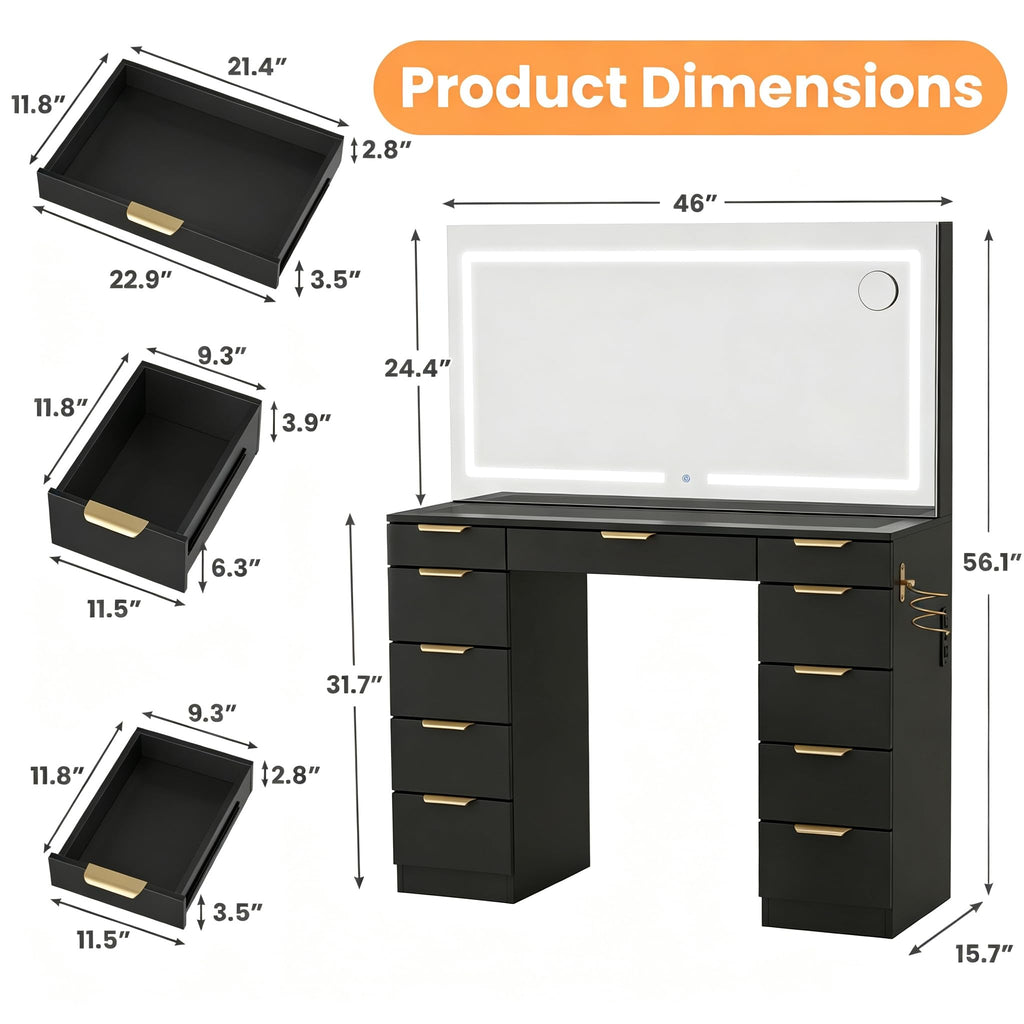 Glass Top Vanity Desk with Mirror and Lights, 11 Drawers Makeup Vanity with Stool V1767