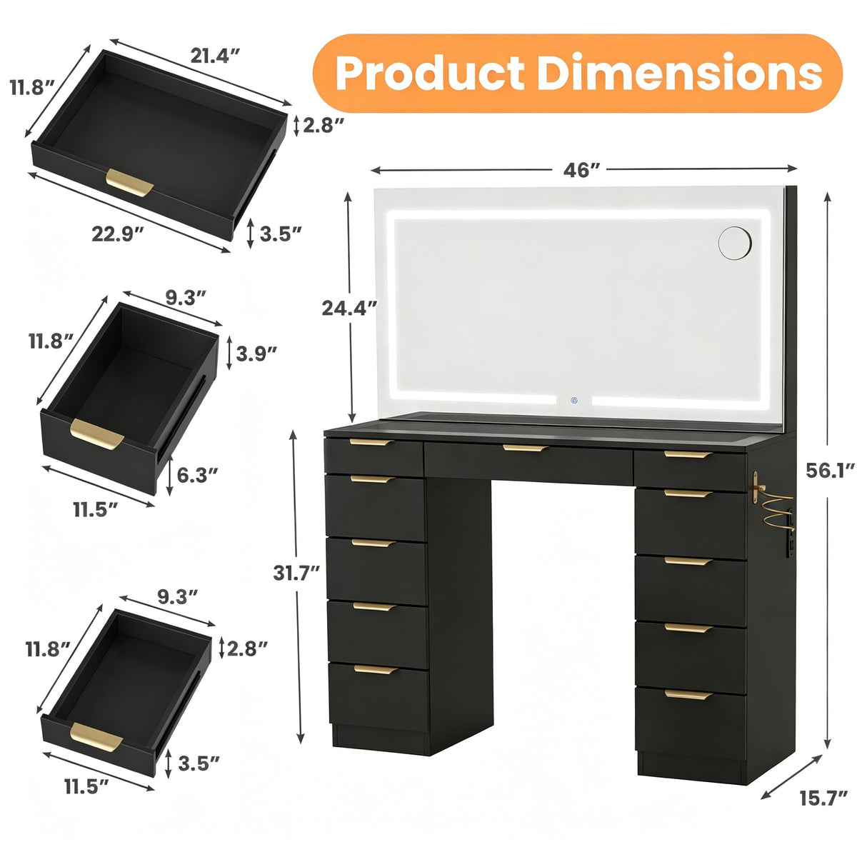 Glass Top Vanity Desk with Mirror and Lights, 11 Drawers Makeup Vanity with Stool V1767
