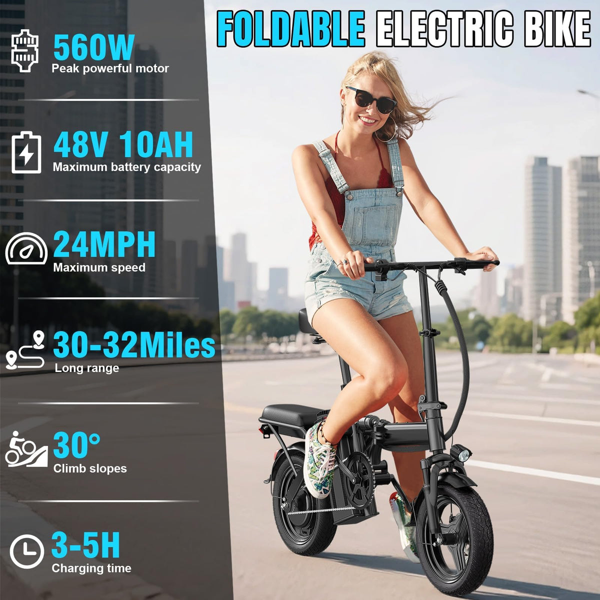 560W 24MPH 32 Miles Range 48V 10Ah 14" Foldable Electric Bike Q572596