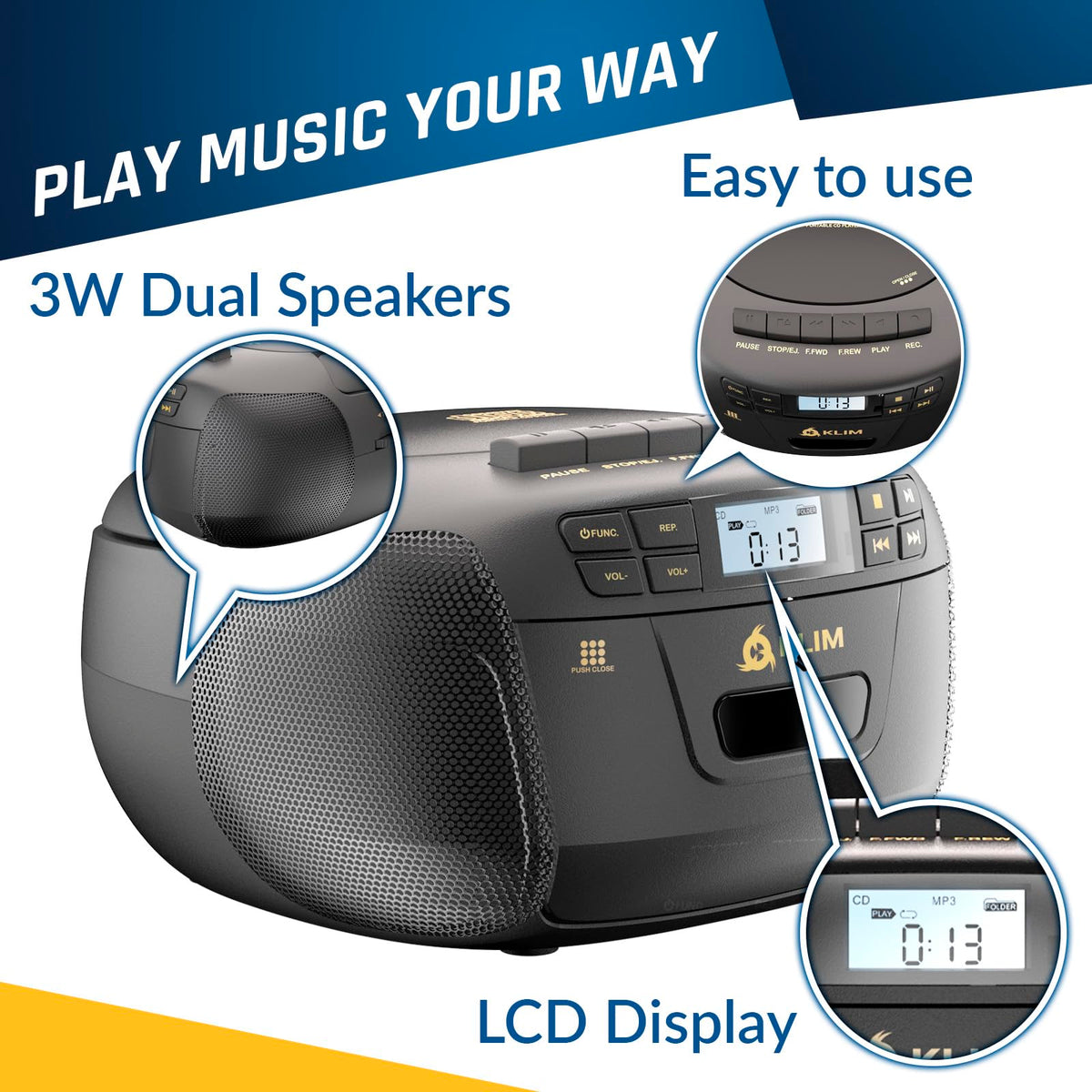 Black CD Cassette Player Boombox with Bluetooth and AM FM Radio I951556