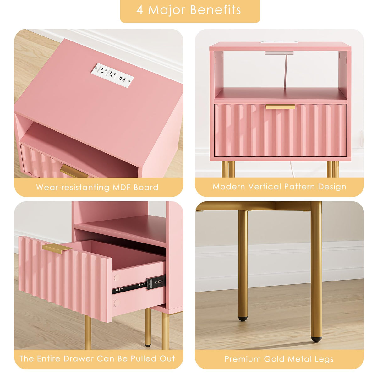 Pink Fluted Nightstand with Charging Station D308351