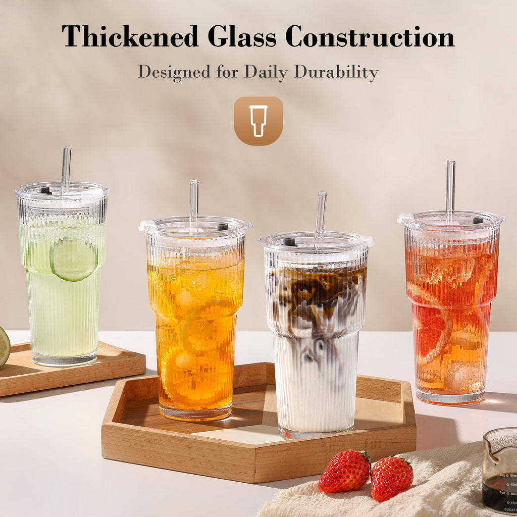 20oz Ribbed Glass Cups with Lids and Straws S340