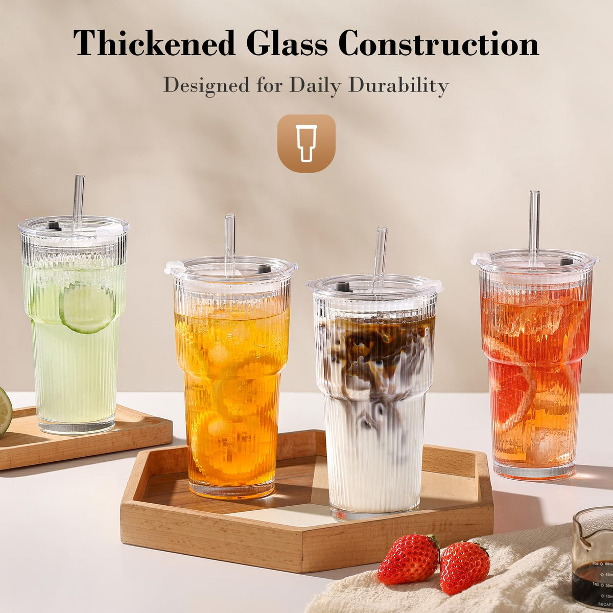20oz Ribbed Glass Cups with Lids and Straws S340