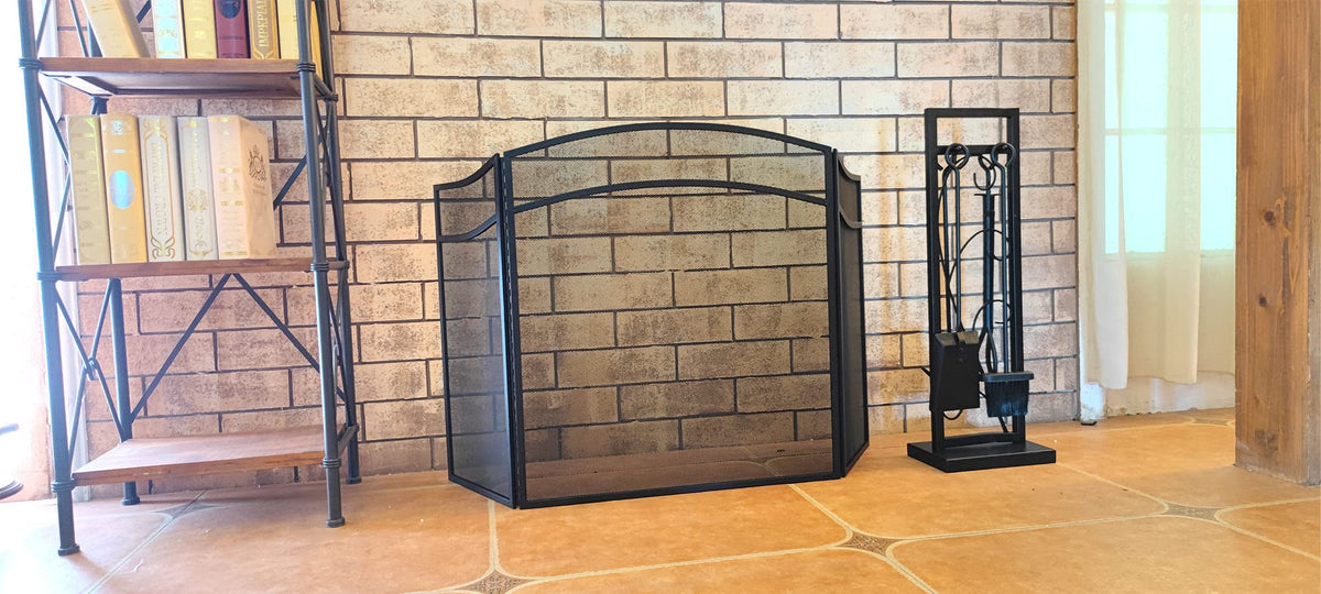 3 Panels Fireplace Screen with Arch Frame Black G95618