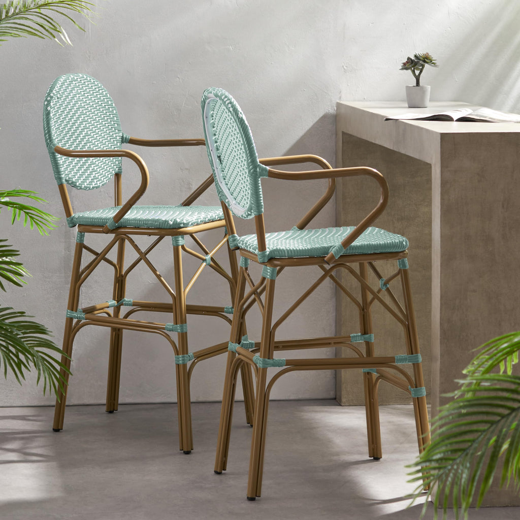 Teal Bamboo Print Wicker Aluminum Bar Stools Set of 2 E559976