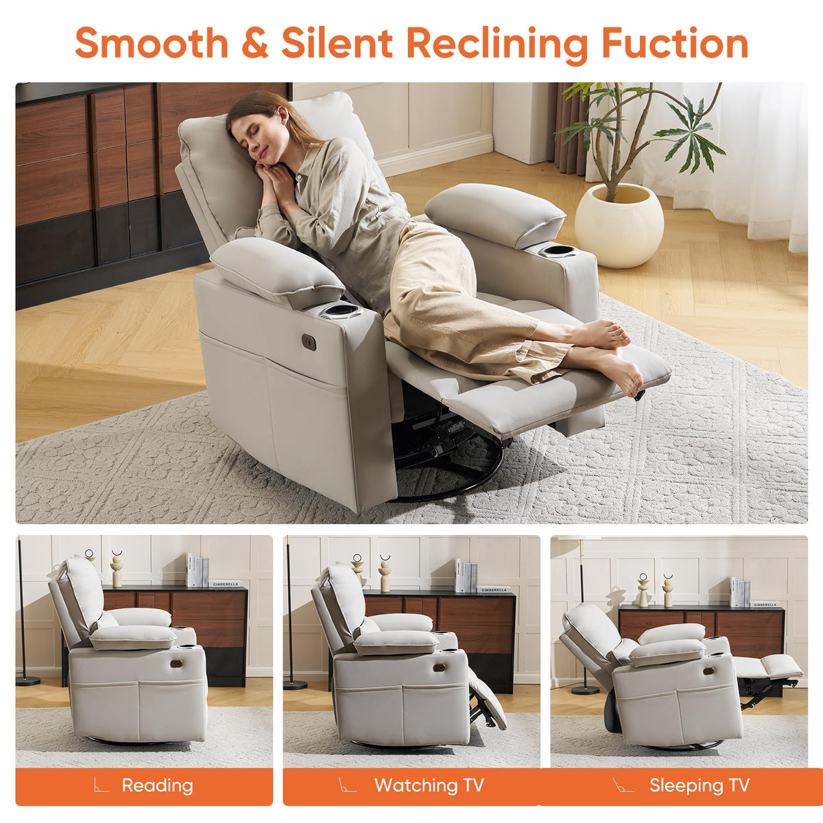 Oversized Power Swivel Rocker Recliner with Heating and Massage, Faux Leather, Grey Z315