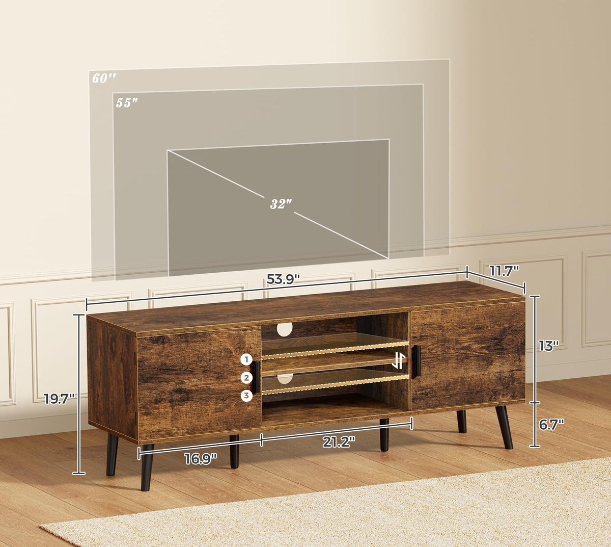 55 Inch TV Stand with Adjustable Shelf and 2 Cabinets W6929