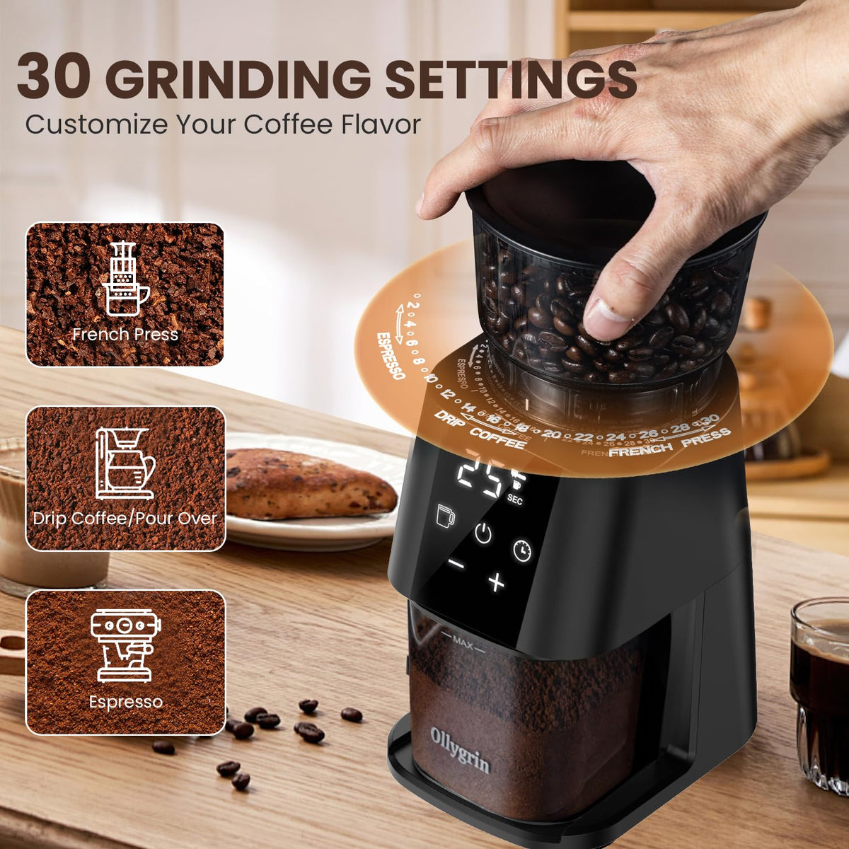 Electric Conical Burr Coffee Grinder, 30 Grind Settings, Black H625