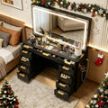 Glass Top Vanity Desk with Mirror and Lights, 11 Drawers Makeup Vanity with Stool V1767