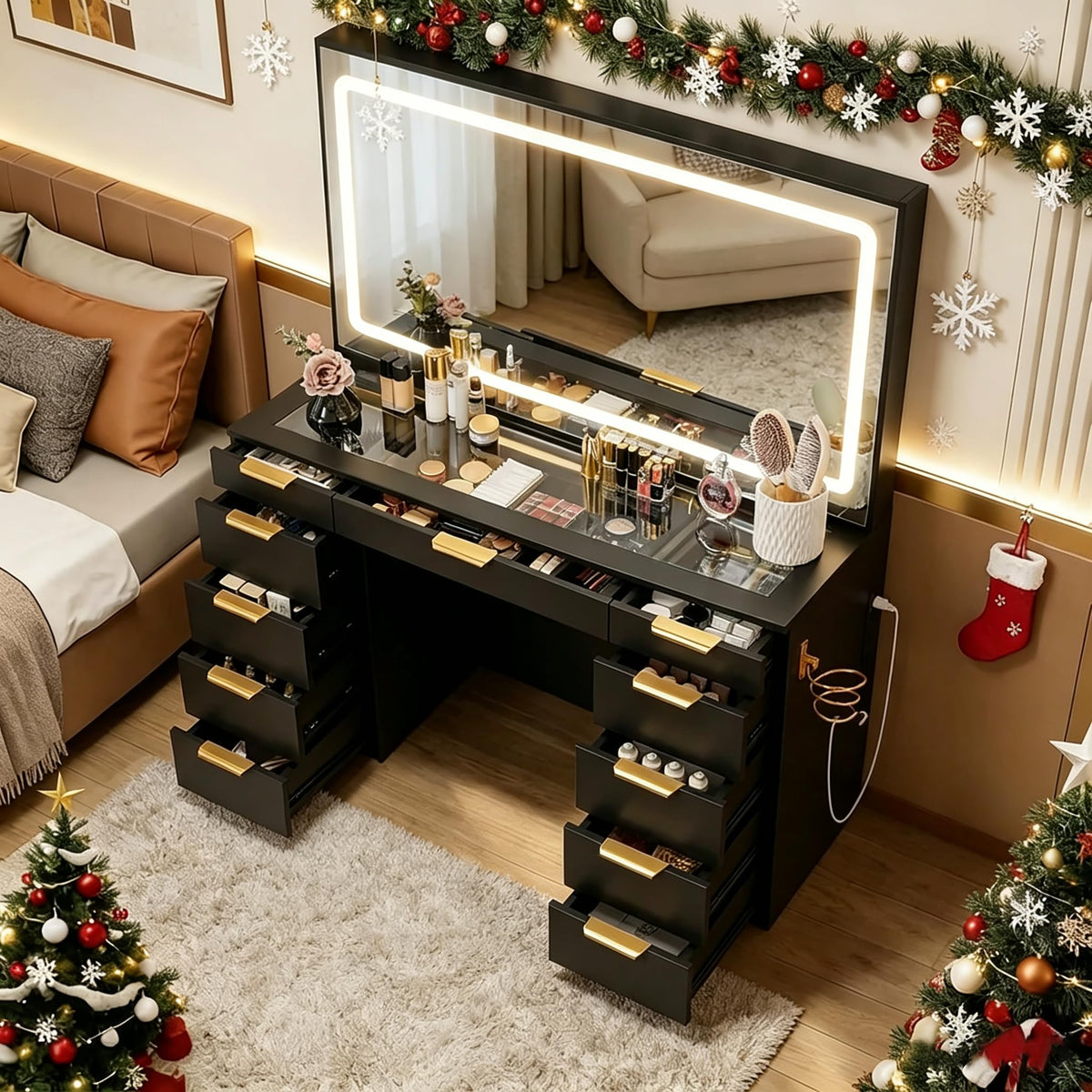 Glass Top Vanity Desk with Mirror and Lights, 11 Drawers Makeup Vanity with Stool V1767