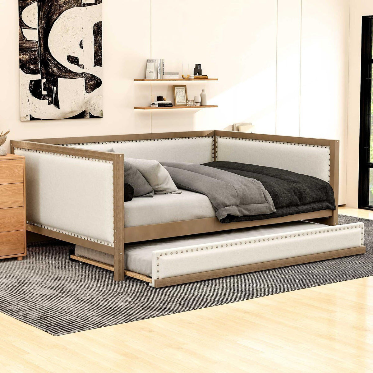 Full Size Upholstered Daybed with Trundle Linen Fabric O419