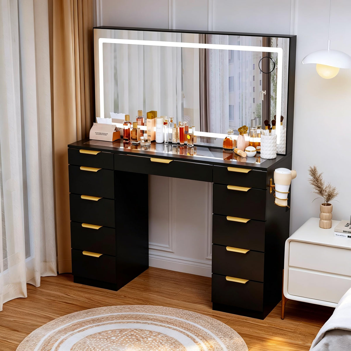 Glass Top Vanity Desk with Mirror and Lights, 11 Drawers Makeup Vanity with Stool V1767
