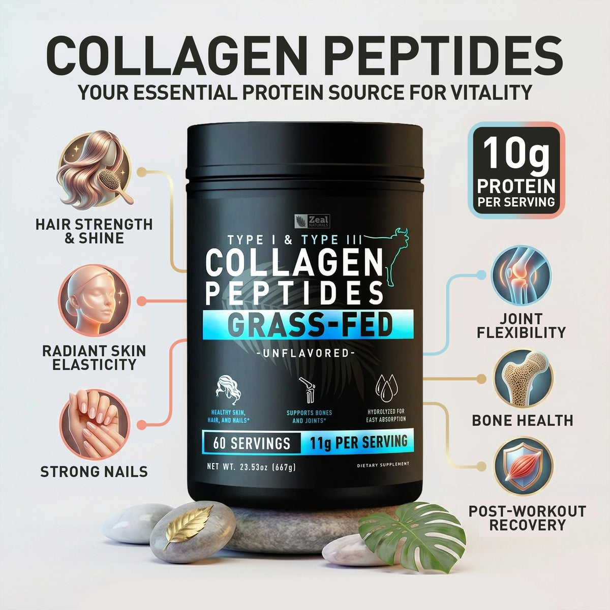 Hydrolyzed Collagen Peptides Powder, 10g Protein, Unflavored, 23.53 oz P43000